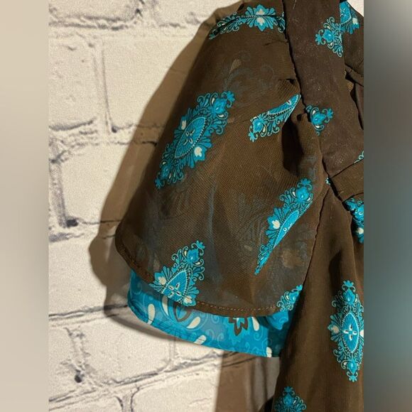 Apt 9 Women’s Cap Sleeve Tie Neck Top Size L Brown and Blue Layered - Picture 4 of 8